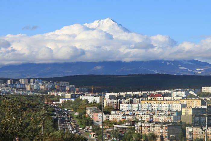 Petropovlowsk is the capitol of the Kamatcha region of Russia. Here it is seen with Mount Koryaksky in the background