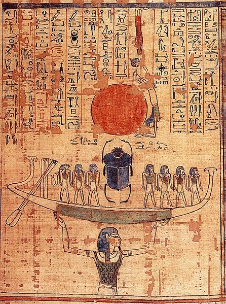 Nun raises up the sun (fiery hill of creation) - although Nun is depicted and personified as a man, no temples or priests were dedicated to him, as he was viewed as a creative force rather than a god.