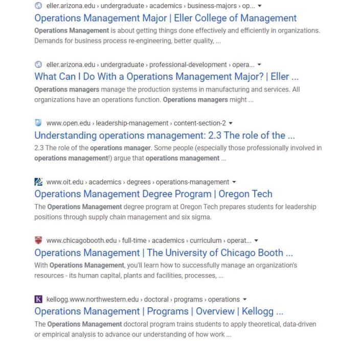 Here the Google site command is used to find all relevant results that can be found on the websites of educational institutions for the search term operations management.