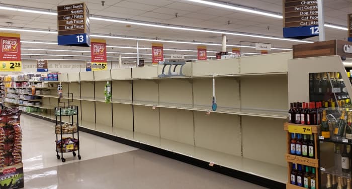 There is literally no reason to buy up a lot of basic supplies, like toilet paper, beyond that which is necessary to survive the next ~week or so (per usual). This is what panic looks like. Please remain calm and do not panic.