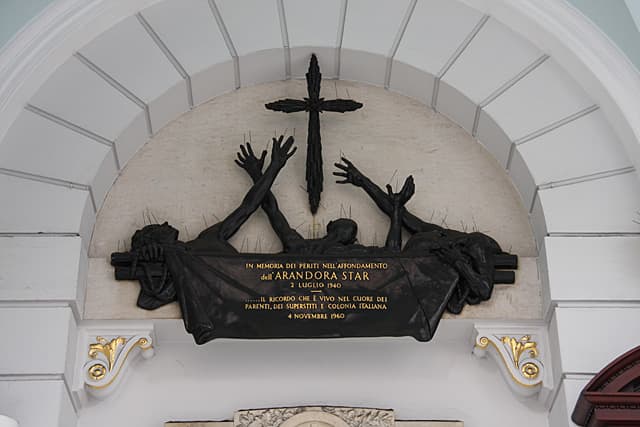 Those who lost their lives in the Arandora Star tragedy are memorialised at the entrance to the Chiesa Italiana di San Pietro near London.