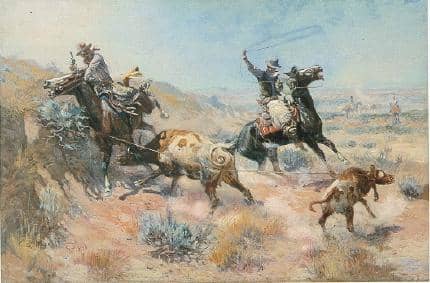 Russell's paintings have a mythic quality and are characterized by dramatic movement. They often feature men on horseback.