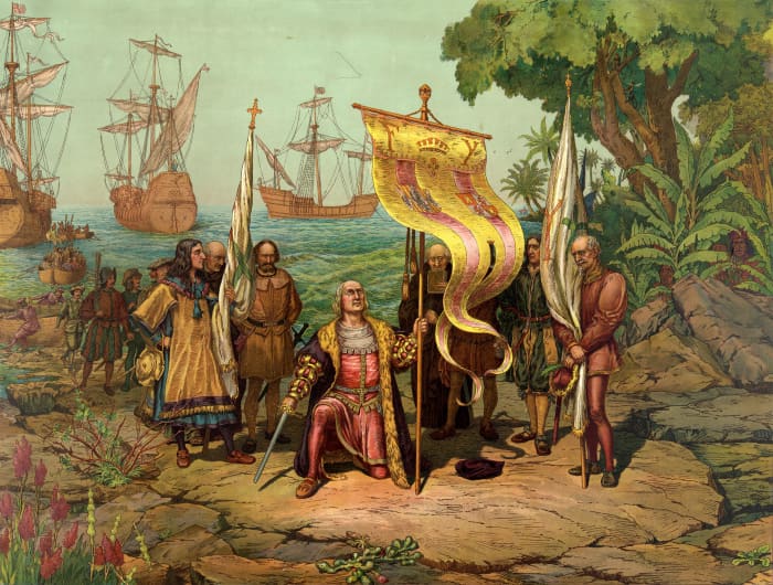 Public domain - copyright expired (1893). See: http://en.wikipedia.org/wiki/File:Columbus_Taking_Possession.jpg Source: Wikimedia Commons / Prang Educational Co / L. Prang & Co. Boston