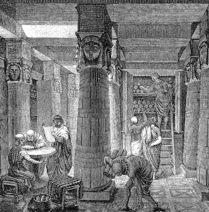 Artistic rendering of the Library of Alexandria, based on some archaeological evidence. ("The Great Library of Alexandria" by O. Von Corven)