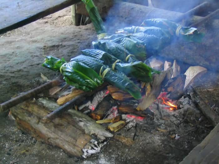 Shuar cook over an open fire. Often food is wrapped in a banana tree leaf to protect it from charring.