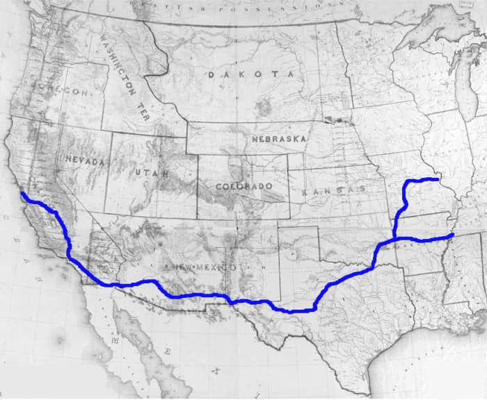 The Butterfield Overland Stage Route - St. Louis and Memphis to San Francisco, September 1858 to March 1861
