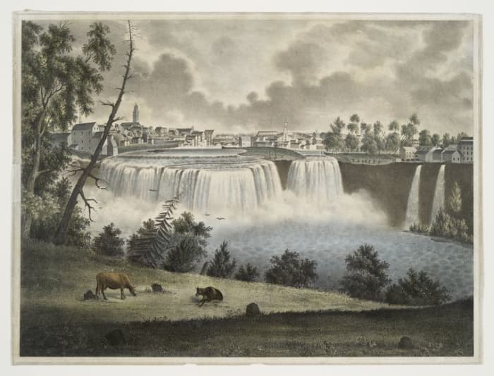 The Upper Falls of the Genesee. Lithograph by John Henry Bufford from a painting by John T. Young (ca. 1814–1842).