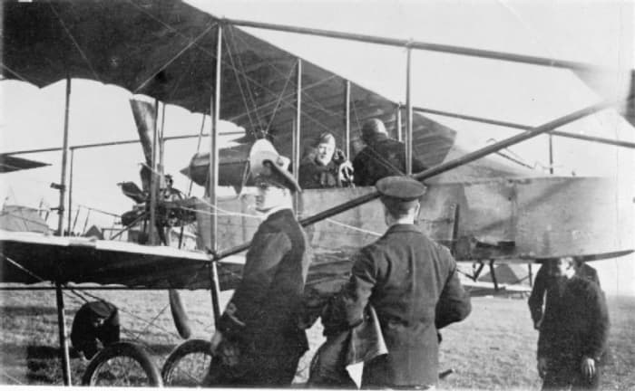 WW1: Winston Churchill sits in a Short-Sommer Pusher Biplane, while learning to fly at Eastchurch, Kent. 1913. When at the front, Churchill would fly himself back to England during leave, much to the consternation of Clemmie, his wife.