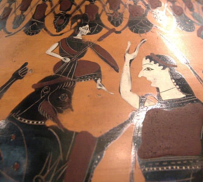 AtAthene emerging from the head of Zeus. Eileithyia, Goddess of childbirth stands on the right, ready to assist.