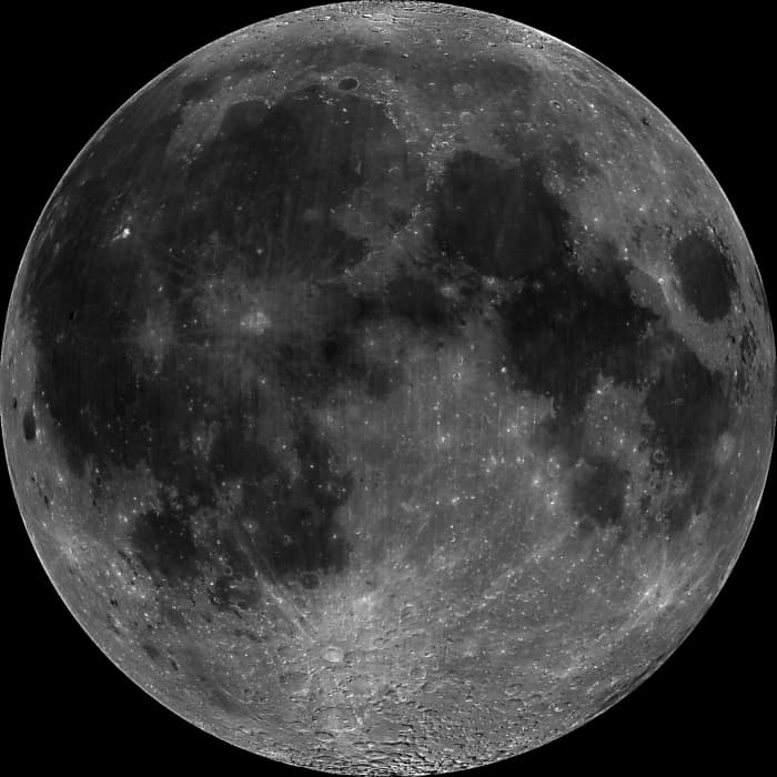 Our Moon, as seen from northern latitudes, showing light areas called 'terrae' (highlands) and dark areas called 'maria' (plains). Near the bottom is the clearly visible crater, Tycho