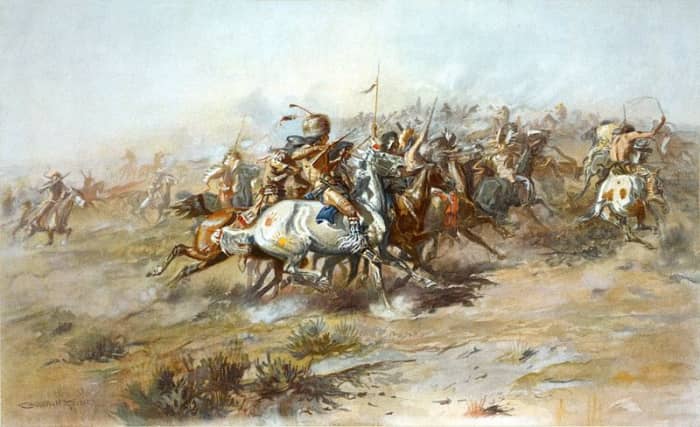 "The Custer Fight" by Charles Marion Russell. Lithograph. Shows the Battle of Little Bighorn, from the Indian side.