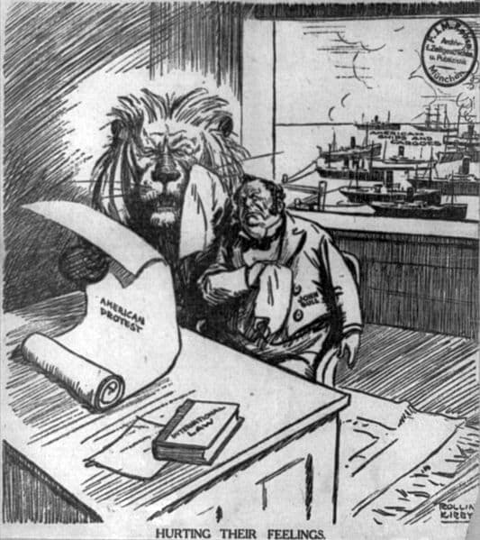 Political cartoon showing how American war protesters hurt British feelings, while American ships, loaded with cargo, fill the harbor behind them (1915).