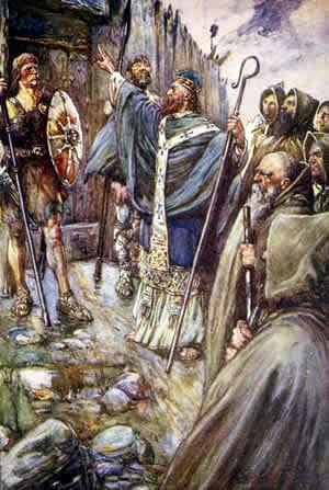 Saint Columba, an example of the kind of saint who would be featured in Medieval hagiographies. Art by John R Skelton, 1906