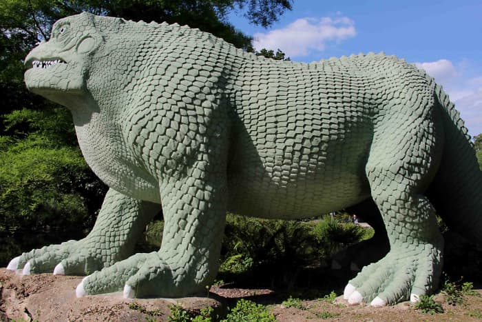 One of two Iguanadon statues, and the best restored of all the sculptures. Magnificent this specimen may be, but compare the squat, bulky beast the Victorians imagined with modern day thinking, as shown below. Taken on Dinosaur Island