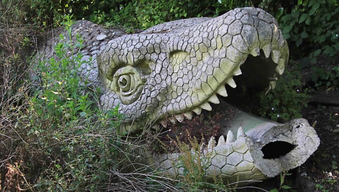 Today, the Mosasaurus head lies half buried and often overlooked in undergrowth by the water's edge. This photo was taken on Dinosaur Island