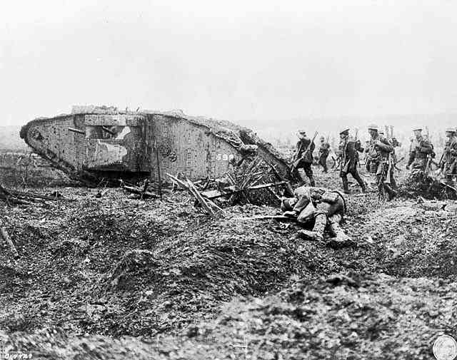 A Canadian Tank attacking German positions on the Western Front. Tanks were used for the first time on the Western Front it would become a decisive weapon toward the end of the war.