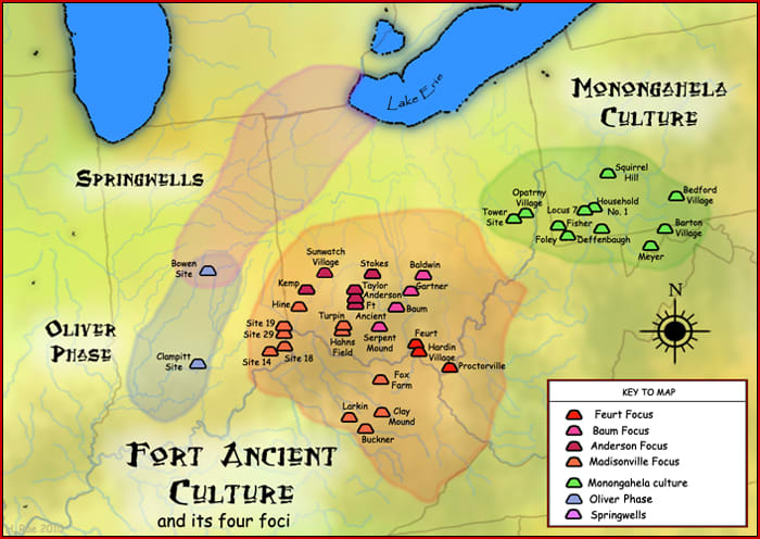The Shawnee were direct descendants of the Fort Ancient People who flourished from around 1200 A.D. to about 1650, their villages were often arranged in rows around a central plaza, and sometimes were enclosed within earthen log fortifications.