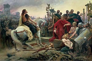 In 46BC Caesar offically conquers Gaul when he defeats Vercingetorix and the Romans new "barbarian" enemies become the Germans. However notice how "civilized" Vercingetorix is depicted versus the other Gauls.