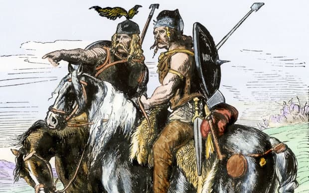 The common description of the tall, blonde, savage Gauls, or even worse the vicious Germans. Notice the pants, how barbaric!