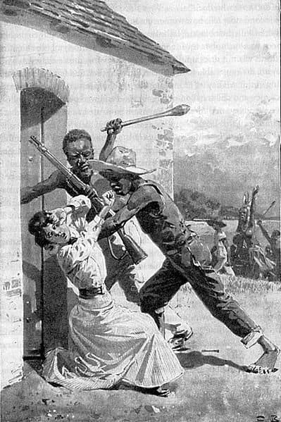 A propaganda image depicting the killing of a young German woman settler at the hands of Herero men. In truth, the Herero were not violent towards women and children and, on occasion, protected them.