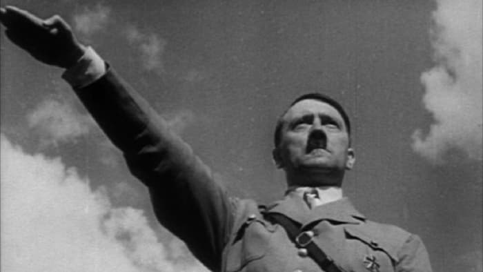 The iconic image of Hitler from Triumph of the Will. Reni Leifenstahl used a masterful understanding of cinematic techniques to portray Hitler as a powerful savior of the people.