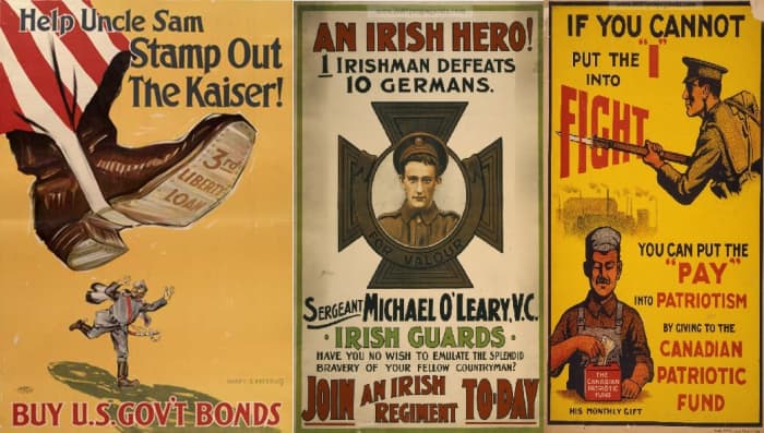 American, Irish and Canadian call to action propaganda posters.