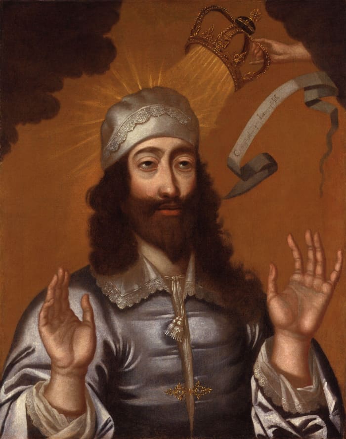 A divine hand moves the crown of Charles I : the divine right of kings was not merely a device to strengthen kings, but their entire legitimacy and system of government rested upon it. When it collapsed in France, so did the ancien regime.