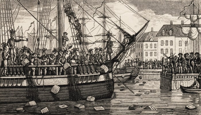 During the Boston Tea Party, dissidents from the city of Boston boarded a cargo ship and tossed all the tea into the Boston harbor.