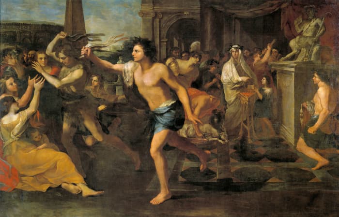 An image depicting Lupercalia and the men taking the bloody goat's hide and slapping them on the women to increase fertility.