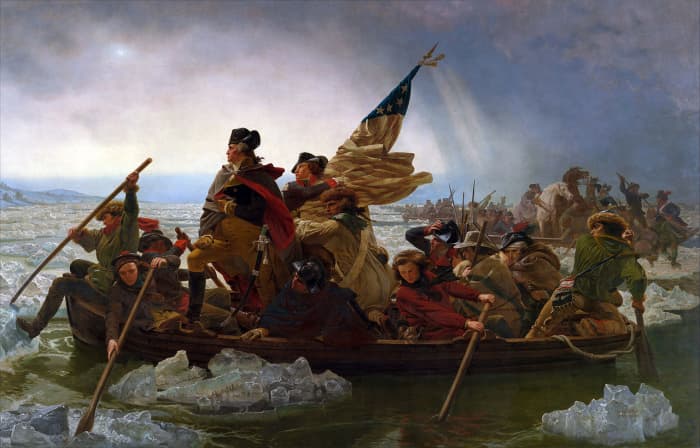 Painting "Washington Crossing the Delaware," an 1851 oil-on-canvas painting by the German American artist Emanuel Leutze. According to the 1853 exhibition catalog, the man standing next to Washington and holding the flag is Lieutenant James Monroe.
