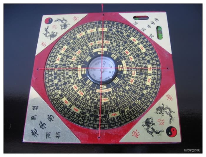 A Feng Shui compass used in geomancy to appropriately site buildings in line with mystical principles.