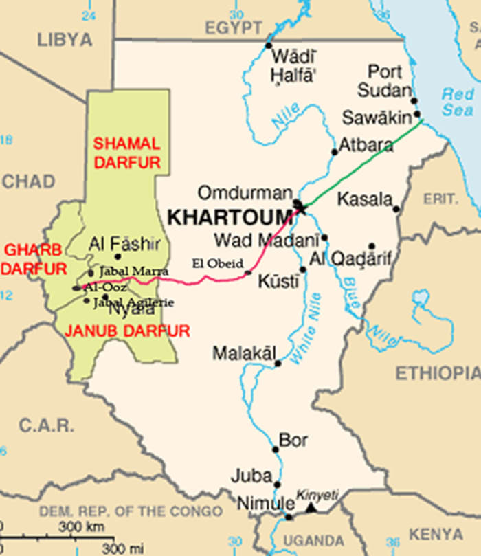 This map of Darfur in western Sudan indicates Bakhita’s birthplace in Al-Qoz; the red line shows her journey as a slave, and the green line from Khartoum traces her journey as free person.