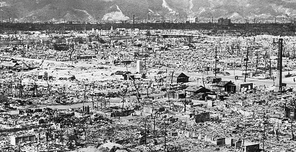 The effects of the bombing of Hiroshima. Current nuclear warheads are up to 3,000 times more powerful than the atomic bomb dropped on this city.
