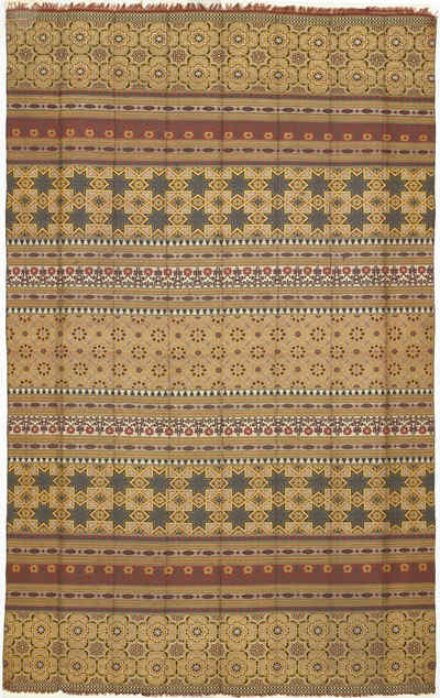 From the distinguished tradition of Islamic textiles comes this luxurious piece which attests to the high quality of the artisans active in Granada ca. 1400. "Alhambra silks," are designed in bands recalling tile mosaics in the Alhambra.