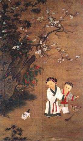 Fong and James C.Y. Watt, Possessing the Past: Chinese painting on silk, with playing children wearing silk clothes, by Su Hanchen (active 1130s–1160s), Song Dynasty. Fong and James C.Y. Watt, Possessing the Past, the National Palace Museum.