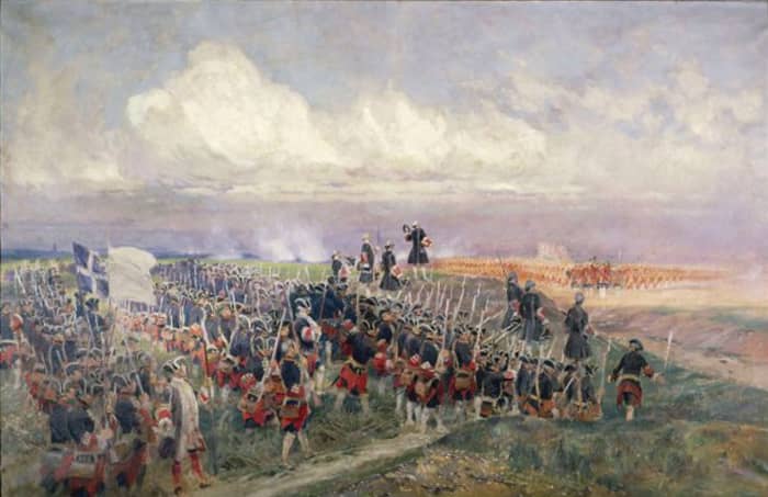 Colonels of the French Guards and British Guards politely discussing who should fire first at the battle of Fontenoy (1745)