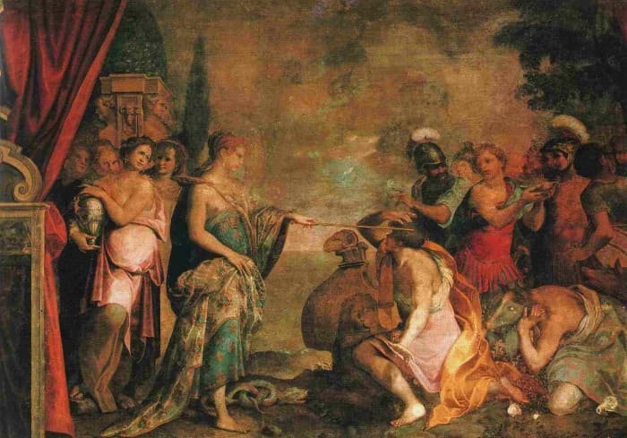 This is one of tne of many Renaissance paintings of Circe—a fresco painted by Giovanni Battista Trotti.