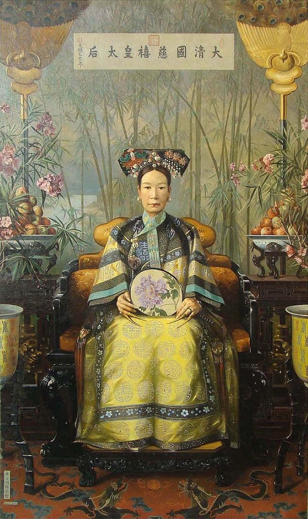 Oil painting depiction of Empress Dowager Cixi by Hubert Vos. Do note that this depicts the Dragon Lady at an older age, not at her “prime.”