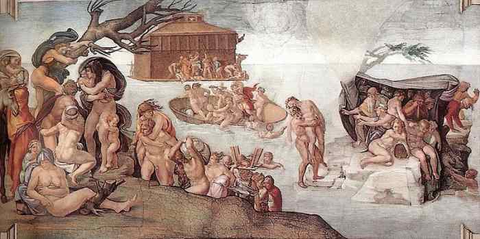 Michelangelo, The Great Flood, Ceiling of the Sistine Chapel (1508). Michelangelo began to paint the last scenes and progressively enlarged the size of the figures in the next ones, where the figure of God appears