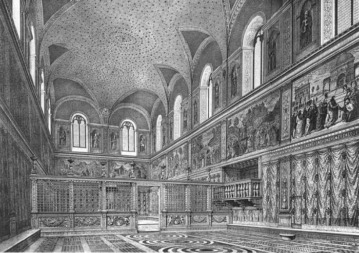 The Sistine Chapel interior as it was supposed to be before the frescoes of Michelangelo in an engraving of XIX century