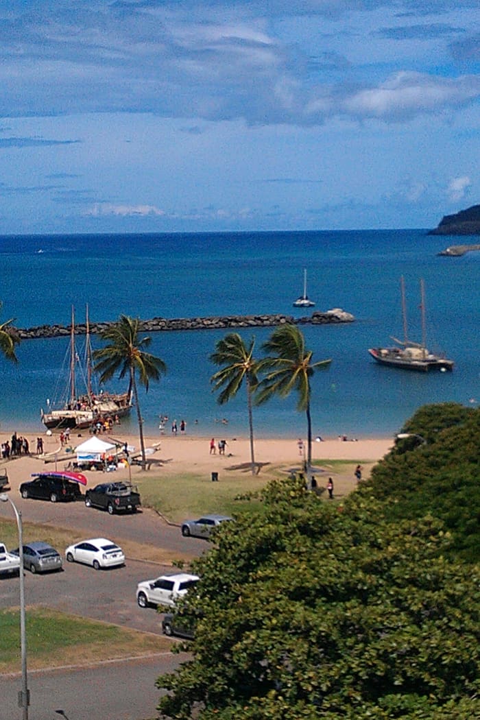 The Hōkūle'a and sister canoe Hikianalia anchored in Pōka'i Bay, Wai'anae Coast, O'ahu. September 2013.