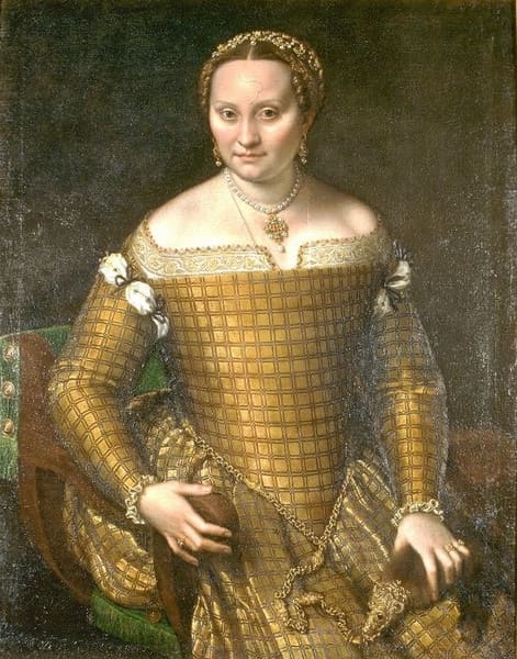 Portrait of Bianca Ponzoni (a. 1558), Berlin, Staatliche Museen Preussischer Kulturbesitz, Gemaldegallerie - The mother of Sofonisba is dressed in golden brocade, with the Flohpelzchen (sable bound in gold, originally used against fleas) in the hand.