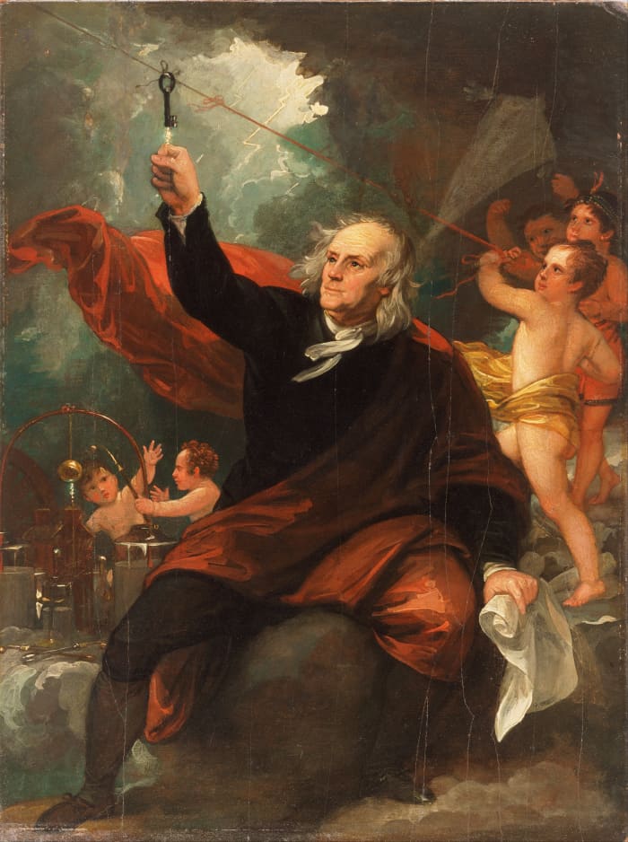 Artistic rendition (no kidding) of Benjamin Franklin's famous kite experiment, which demonstrated electric conductance.