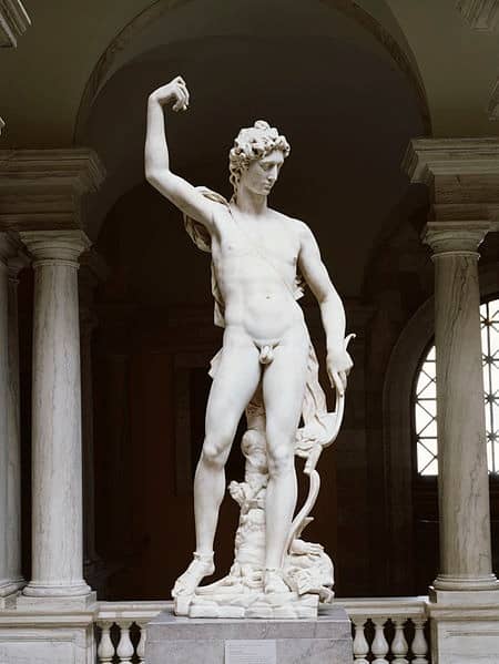 This statue shows the Sun-god Apollo with the serpent Python, which lies dead at his feet. Originally in Florence, Italy, the statue is now in a Baltimore museum.