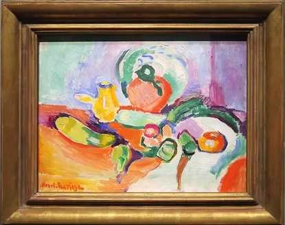 A Still Life by Henri Matisse. Notice the dynamism represented in otherwise still objects and the unrealistic use of color.