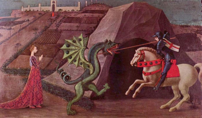 Saint George and the Dragon is a classic image of a damsel in distress being rescued by a knight who slays the dragon.