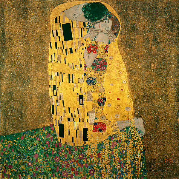 Gustav Klimt's most famous painting, "The Kiss," incorporates the use of gold leaf in its design. It is currently on display in the Belvedere Art Gallery in Austria.