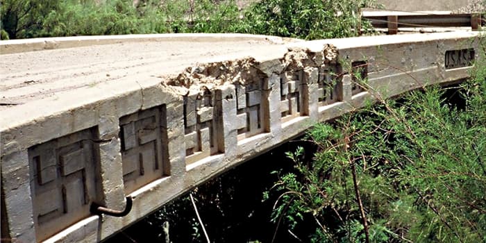 The Laguna Bridge in Yuma, Arizona, was built in 1905, and decorated with a row of swastikas - one of many such structures which still exist today