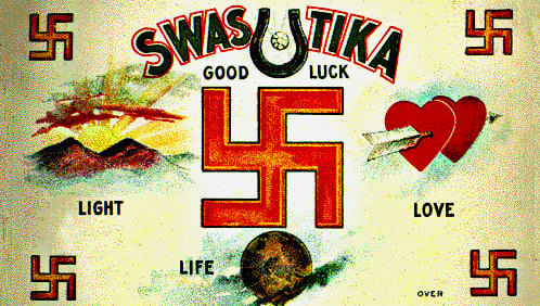 A warm-hearted post-card featuring swastikas in 1907. Just 38 years later such a card would have been unthinkable in the west as the symbol of the swastika had been wrecked. How quickly can good be turned to evil? Can it ever be turned back?