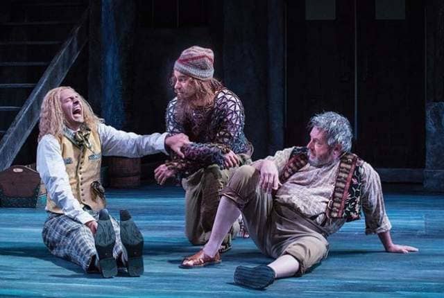 Quinn Mattfeld (left) as Sir Andrew Aguecheek, Aaron Galligan-Stierle as Feste, and Roderick Peeples as Sir Toby Belch in the Utah Shakespeare Festival’s 2014 production of Twelfth Night. Utah Shakespeare Festival 2014.
